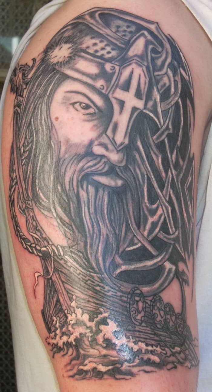 A one eyed viking definitely adds mystery to a Viking's tattoo. Combine it right with a Viking warship and you've got a spectacular tattoo.
