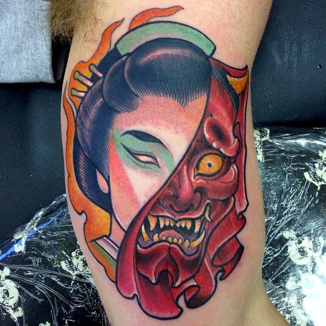 Another way tattoo artists are getting creative is by merging the skull or a woman's face to the hannya mask.