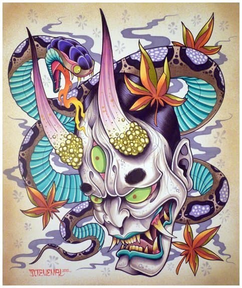 The modern hannya uses colors like turquoise, lime green, purple, and pinks. This particular design is a modern interpretation of a hannya (looks like a Dracula-meets-Hellboy).