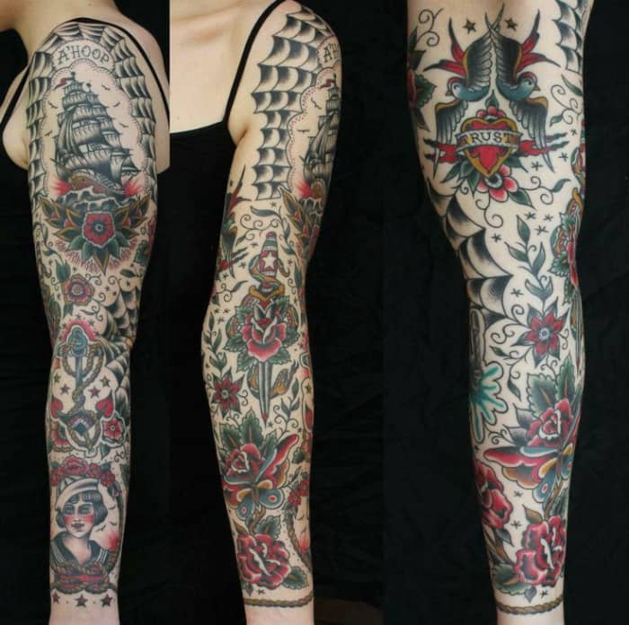 Example American Tattoo Sleeve, of pins and stars, and spiderwebs; American Traditional tattoos tend to require fillers in between the actual tattoos.