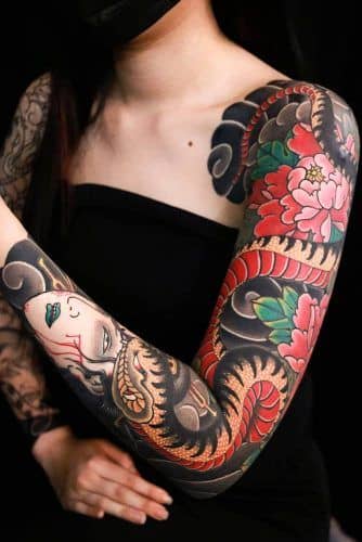 Japansk orm och namakubi (avskuren Huvud) tatuering