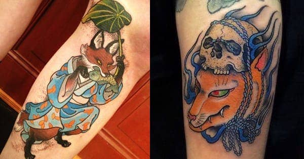 Kitsune shape shifting by placing a leaf or skull on its head. (Right: Blue kitsunebi—or fox fire—surrounds the kitsune.)