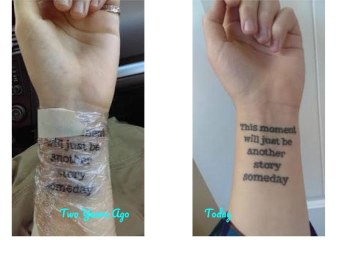 Left: my tattoo after I'd just gotten it inked. Right: two years later. "This moment will be just another story someday."