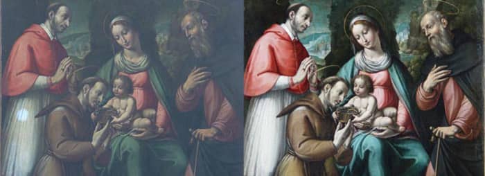 Before and after cleaning. A test was first made on the pale skirt of the Bishop on the left. (6th century oil on canvas after Masaccio - Christ's gift to St Francis – property of the Archdiocese of St Andrews & Edinburgh.)