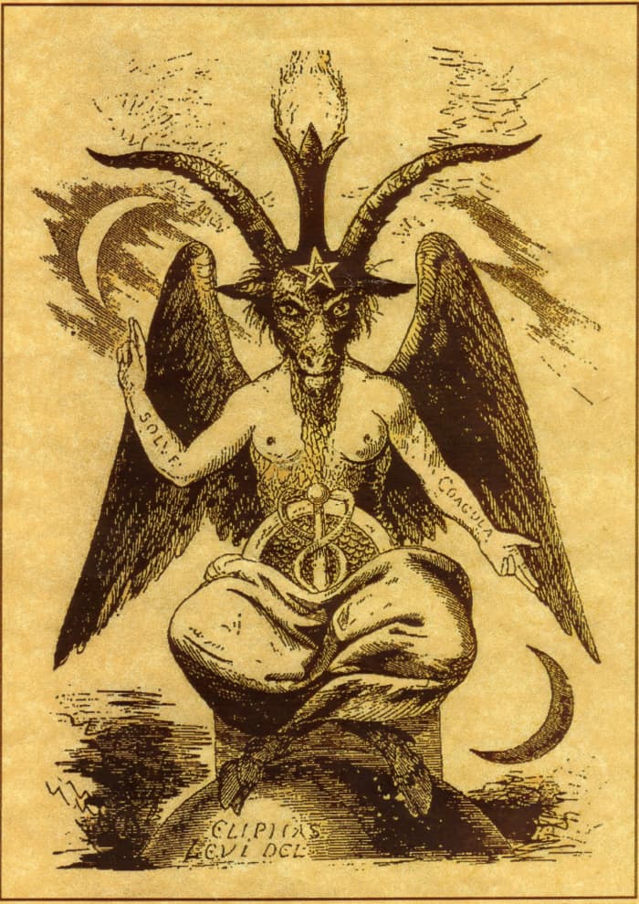 This is the "god of the witches" with his arms "he" points to the sky and to earth which represents the old magical creed what is "That which is above is the same as which is below."