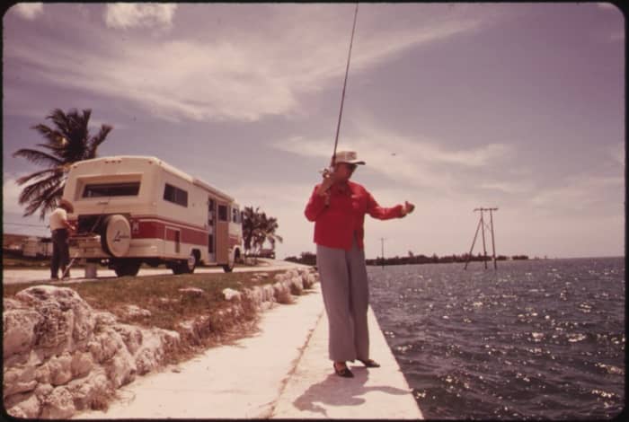 A retired couple from California stop to fish off the embankment at Spanish Harbor Key.