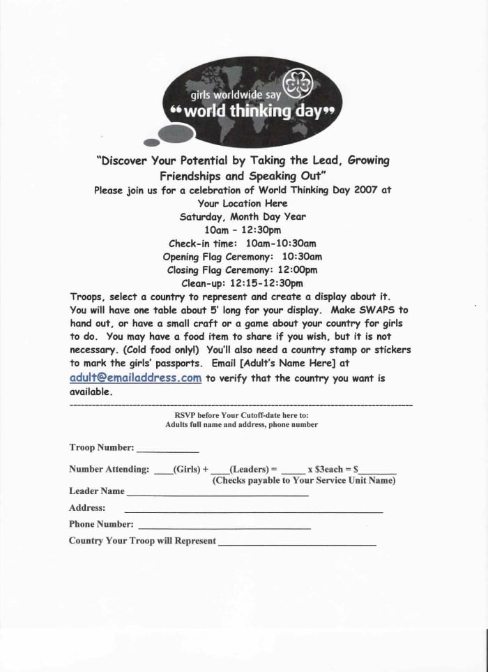 A basic informational flyer and registration sheet. This one doesn't have Service Project information on it. You should include Service information, especially if each troop is supposed to bring something to the event.