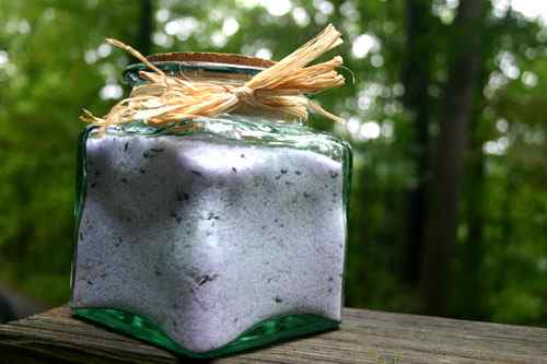 homemade bath salts, lavender relaxation mix, in a jar ready to be gifted to a friend
