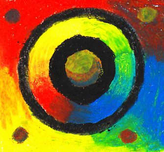 Abstract Wheels created with three primary color Sennelier oil pastels and one black Caran d'Ache Neopastel for the strong black lines.