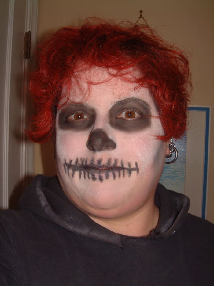 A simple post-modern skull effect done with white face powder, black eyeshadow and black eyeliner pencil (for the mouth)