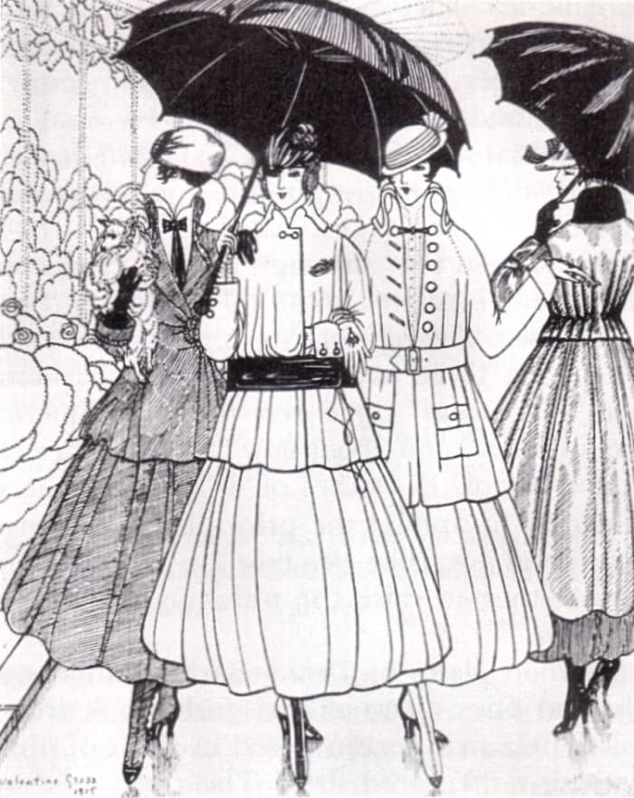 When ladies learned that tuberculosis can live in sputum for an entire day after it’s been spat on the ground, the future of the shorter skirt length was assured. Fashion plate from La Gazette du Bon Ton, 1915.