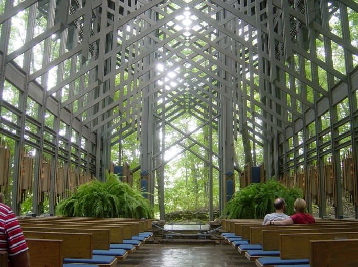 Thorncrown Chapel in Eureka Springs, facing north from entrance.