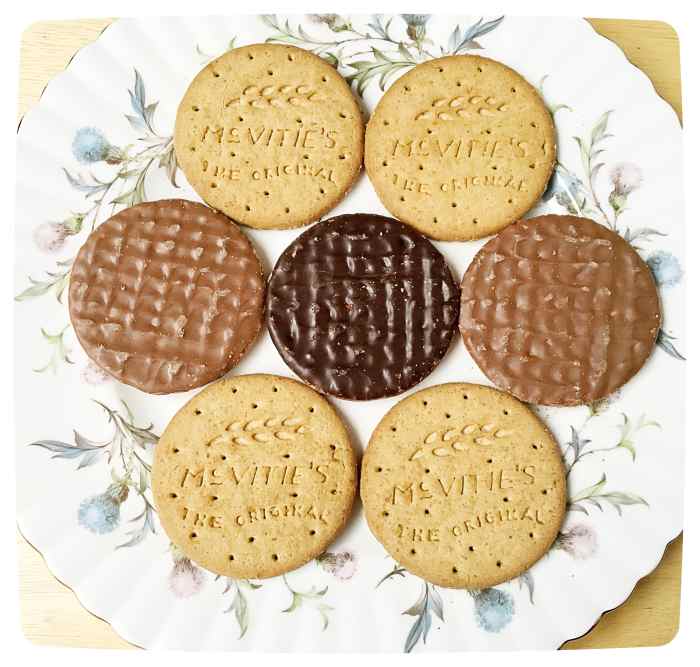 Plain, milk chocolate, and dark chocolate digestives