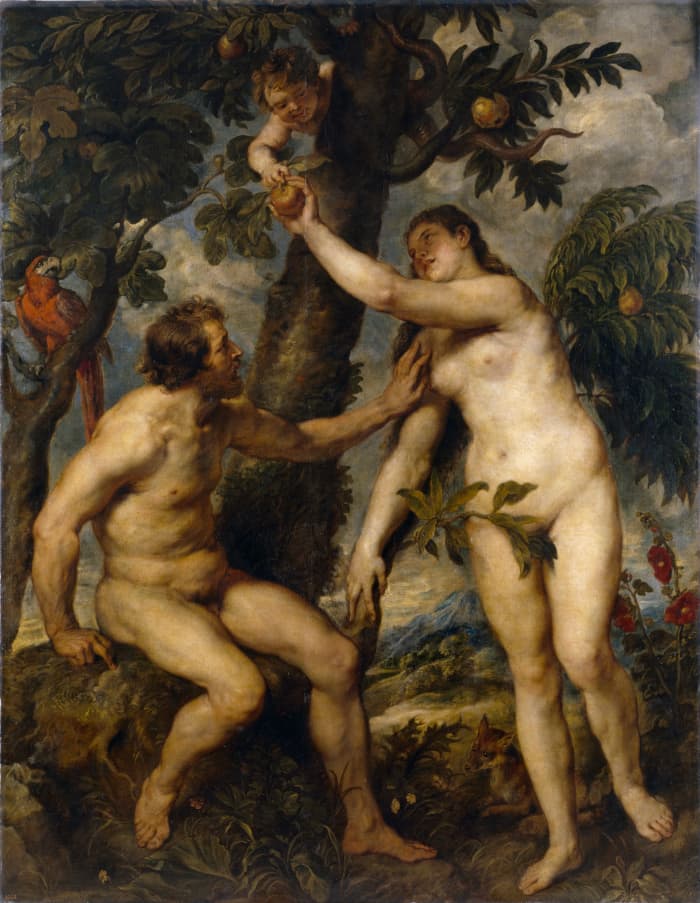 Adam and Eve by Peter Paul Rubens. It represents the moment Eve reaches for the forbidden fruit. Women in the Bible tend to be portrayed as sinful.