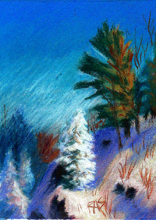 A Winter Fantasy, 5" x 7" in Richeson semi-hard pastels on Fresh Grey Colourfix sanded pastel card, by Robert A. Sloan