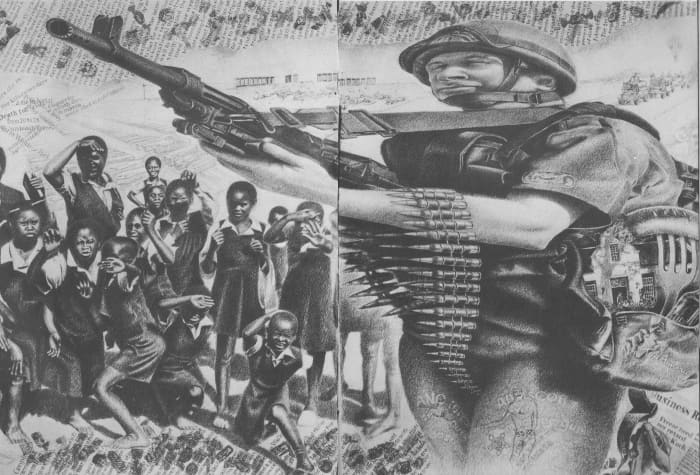 An artists rendition of the the South African Defense Force(SADF) using its heavily armed military might to attack children and babies