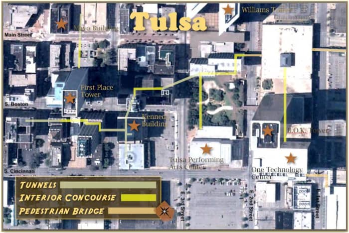 Map of Tulsa Tunnels. Note: Map is not centered due north. It has been rotated for clarity. Click for full size image.