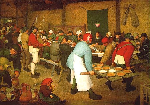 Pieter Breugal the Elder painted this peasant wedding feast, complete with unlimited porridge pies and bagpipes, in 1567.
