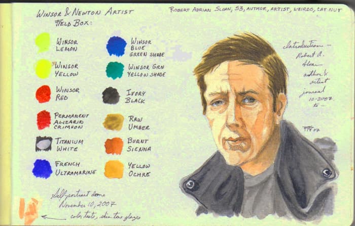 Self portrait, Winsor & Newton Artists' Field Box watercolors in 5" x 8 1/2" Moleskine watercolor journal.