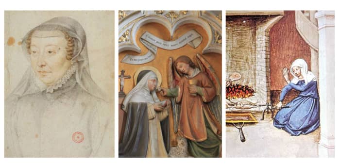 Left to right: the powerful Catherine de Medici, Saint Agnes of Montepulciano, and an unknown woman, cooking.