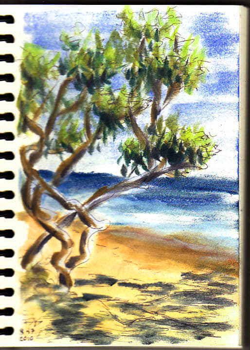 Pen and Pastels. Jamaica Beach Scene sketch by Robert A. Sloan, 5" x 7" in ball point pen and Pan Pastels on Pentalic Nature Sketch paper. Photo reference by VladK on WetCanvas.com.