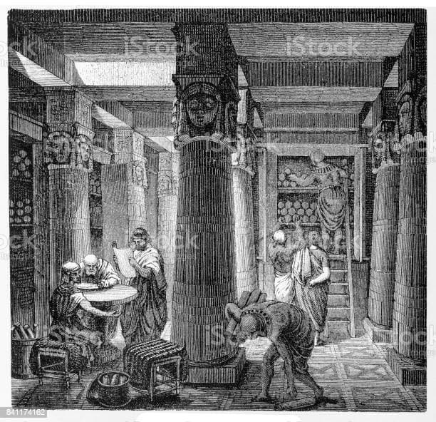 Scholars consult scrolls in the ancient library at Alexandria. Scrolls were the equivalent of bound volumes in today's libraries