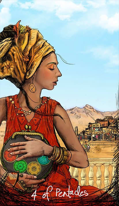 Saving your money will protect you. The good news about the Four of Pentacles is that it shows your long-term plan for wealth has begun to unfold. The card encourages you to reevaluate your plans and stay on target.