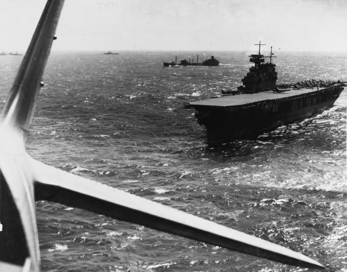 The American carrier USS Yorktown conducts aircraft operations in the Pacific sometime before the battle for the Coral Sea.
