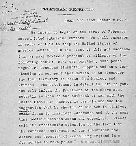 Copy of Zimmerman Telegram after it had been decoded. (Courtesy of U.S. National Archives)