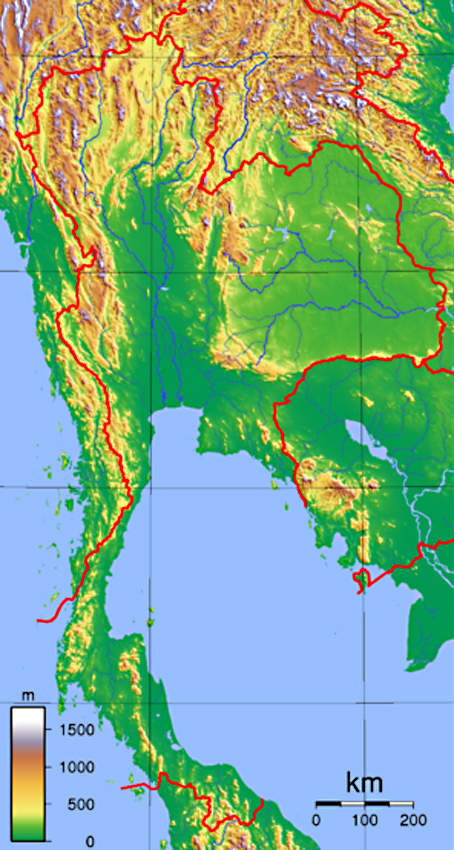 The topography of Thailand. Note the mountain ranges in the north, and the two great river basins of Central Thailand - the Chao Phraya and the Mekong