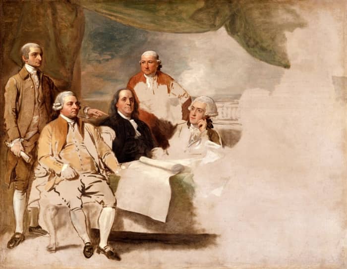 The Treaty of Paris by Benjamin West in 1783. Left to right: John Jay, John Adams, Benjamin Franklin, Henry Laurens, and William Temple Franklin. The British delegation refused to pose, and the painting was never finished.