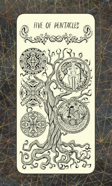 The Five of Pentacles represents long-term difficulties. This includes poverty, famine, pandemics, and economic collapse. Societal structure isn't as it should be.