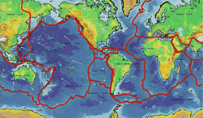 The areas of the world at risk from tsunamis are those close to tectonic plate boundaries, shown here in red, that run under the sea