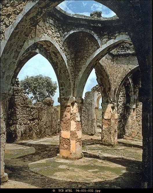 Homes of the wealthy were built of coral plaster, a durable material that stays cool in the hot sun. Buildings such as this mosque, now in ruins, incorporated arches. Aqueducts carried fresh water to homes and gardens. overhead basins flushed toilets