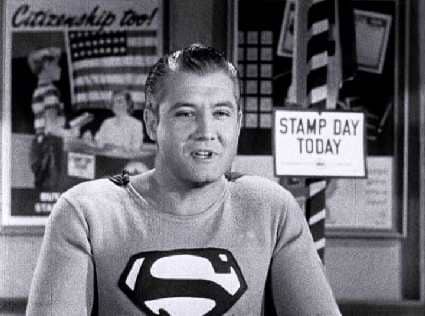 George Reeve as Superman in the 1954 film Stamp Day for Superman. It was produced for the U.S. Treasury Department to promote the sales of saving bonds.