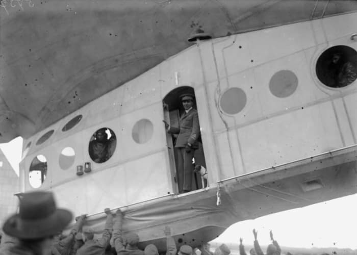 Stolp, Pomerania - airship port of Seddin. General Umberto Nobile in the gondola. Photo by Georg Pahl