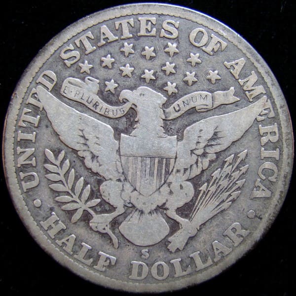 Above Photos: Circulated Barber Half Dollar showing San Francisco Mintmark. Photo Courtesy: coinpage.com