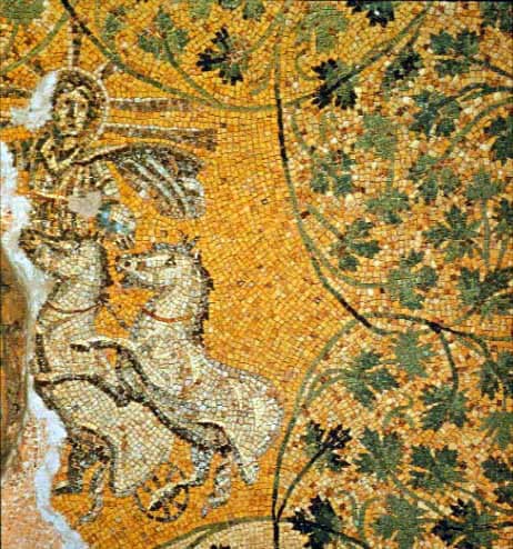 A representation of Jesus as the sun-god Helios/Sol Invictus riding in his chariot. Mosaic of the 3rd century on the Vatican grottoes under St. Peter's Basilica.