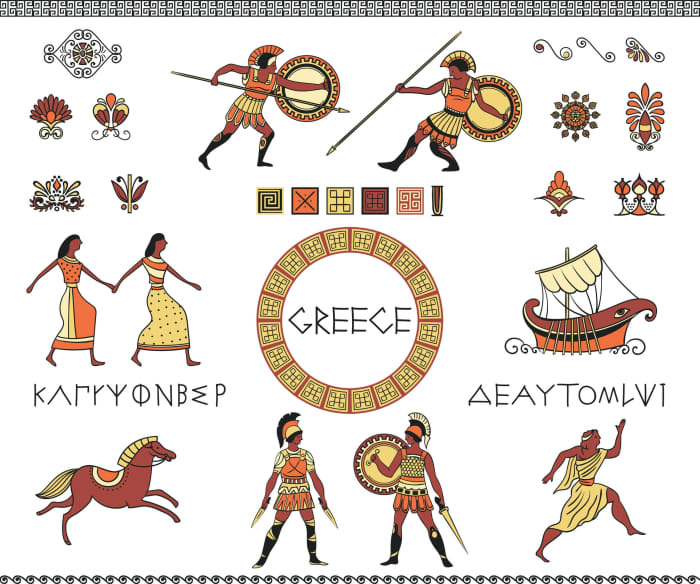 Antique Greece - A collection of decorative design elements - Greek letters of the alphabet, people, a ship, a horse, and decorative Grecian ornaments.