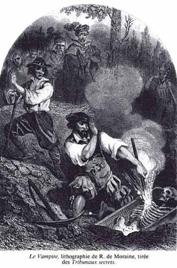 Lithograph by R. de Moraine from 1864 showing townsfolk burning the exhumed skeleton of an alleged vampire.