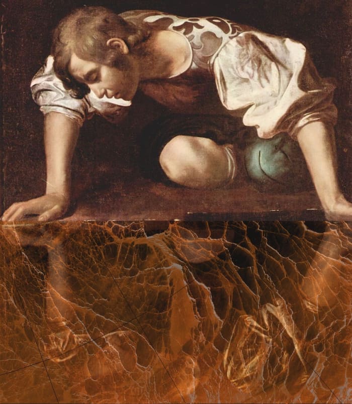 "Narcissus" by Caravaggio (1595), modified by "A-Team." The reflection is overlaid with the February 2012 sea ice cracks, as imaged from orbit. Narcissus has broken his mirror... Image courtesy A-Team.