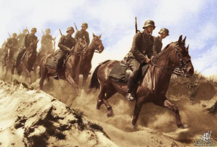 The Cavalry Division "Florian Geyer" formed in 1942 from a cadre of the Cavalry Brigade which took part in Bandenbekämpfung ("bandit-fighting") behind the front line.