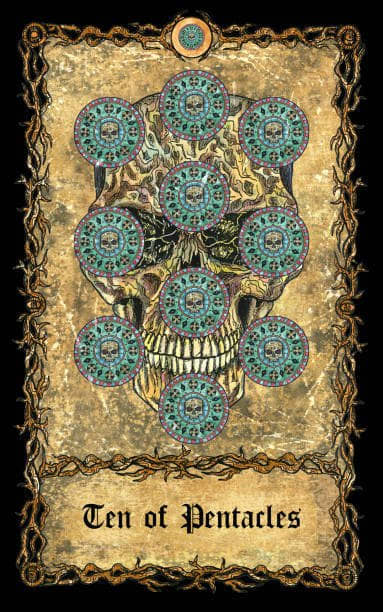 The Ten of Pentacles is a powerful card. It shows that you have an excellent relationship with both money and spirit. You desire good things for all. You support yourself and others with money.