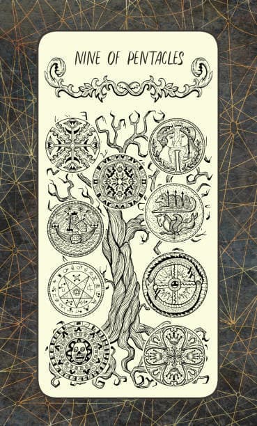 Consider the pentacles as seeds or fruits. You want to have a large harvest. You want to look out your window and see that your fruit tree is thriving. A healthy fruit tree is a metaphor for a healthy spiritual life.