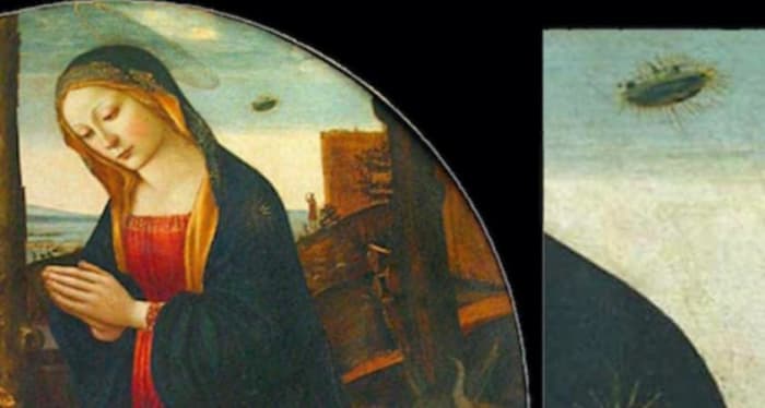 The Madonna praying to Baby Jesus in this 15th-century painting by an unknown Italian artist. Note the small figure in the background looking up at a UFO-type aerial object.