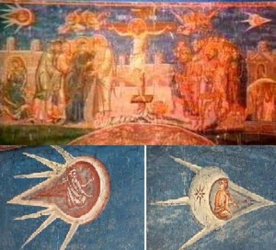 UFOs are displayed in upper corners of old painting of Christ's crucifixion. Artist name is unknown. Date of painting is unknown.