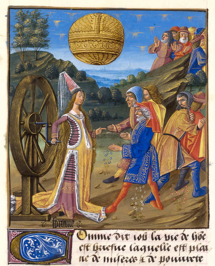 A 15th-century French painting from the manuscript by Jacques Legrand. Titled 'Fortuna's Wheel', you will note the huge mechanical ball (saucer?) in the background sky.