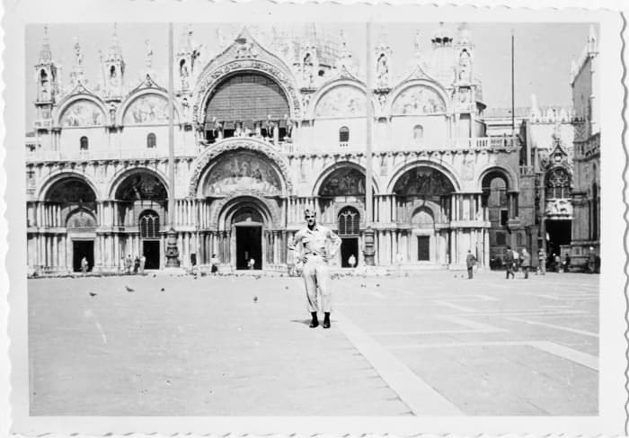 Kingsley Zerbel (my dad) in uniform posing for photo in Venice Italy, Piazza San Marco, in front of the Cathedral of San Marco1947-50 post WWII occupation