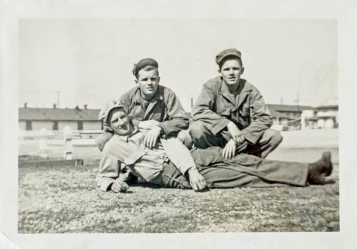 Also from my dad's, Kingsley Zerbel, army album - Written on back, "Twins Dick and Bill Tischafer and Poppy Wiles" American Soldiers, Post WWII 1947-50