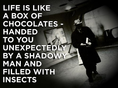 Life is like a box of chocolates - handed to you unexpectedly by a shadowy man and filled with insects.